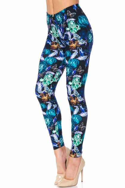 Creamy Soft Electric Blue Floral Butterfly Leggings - USA Fashion™
