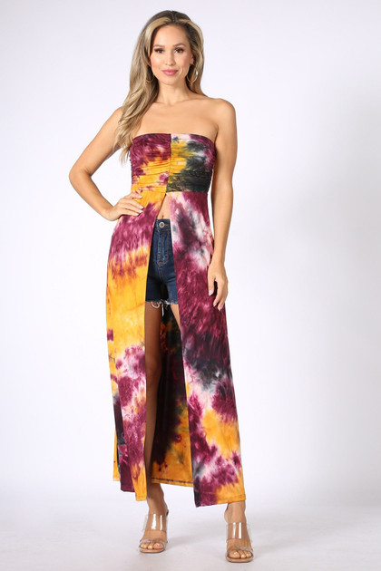 Front of Burgundy Wholesale Tie Dye Ruched Split Front Maxi Duster Tube Top