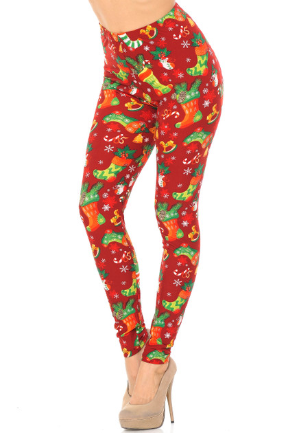 Buttery Smooth Ruby Red Christmas Stocking Extra Plus Size Leggings - 3X-5X