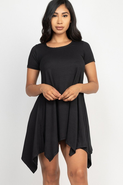 Solid Asymmetrical Short Sleeve Trapeze Dress