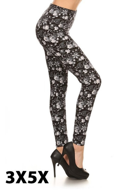 Buttery Smooth Monochrome Floral Paisley Extra Plus Size Leggings - 3X-5X