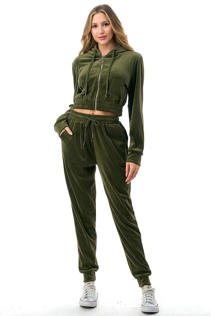 Velour Zip Up Crop Hoodie Jogger Set