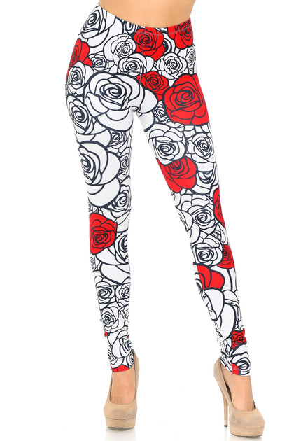 Creamy Soft Red Stencil Roses Leggings - USA Fashion™ | Only Leggings