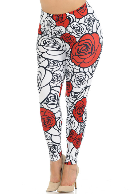 Creamy Soft Red Stencil Roses Plus Size Leggings - USA Fashion™