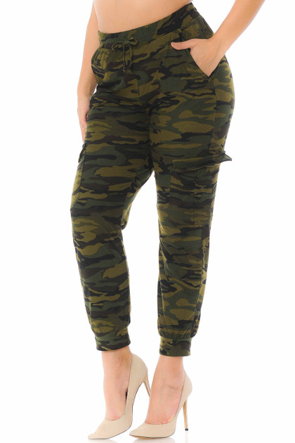 Brushed  Green Camouflage Cargo Plus Size Joggers - New Mix