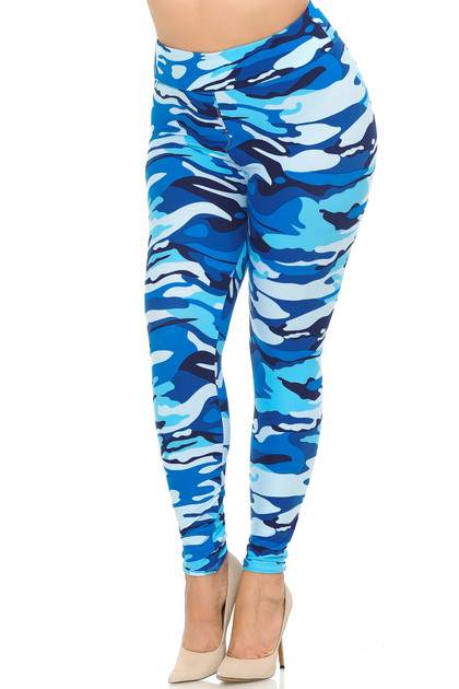 Brushed  Blue Camouflage High Waisted Plus Size Leggings - EEVEE