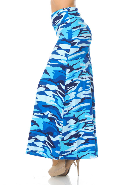 Blue Camouflage Plus Size Buttery Smooth Maxi Skirt