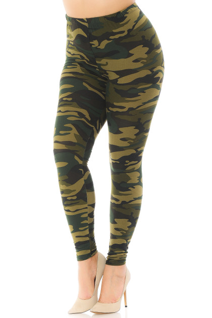 Brushed  Green Camouflage Extra Plus Size Leggings - 3X-5X