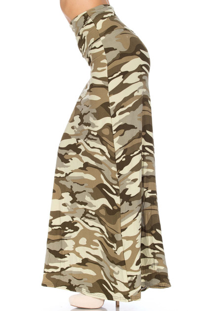 Light Olive Camouflage Plus Size Buttery Smooth Maxi Skirt