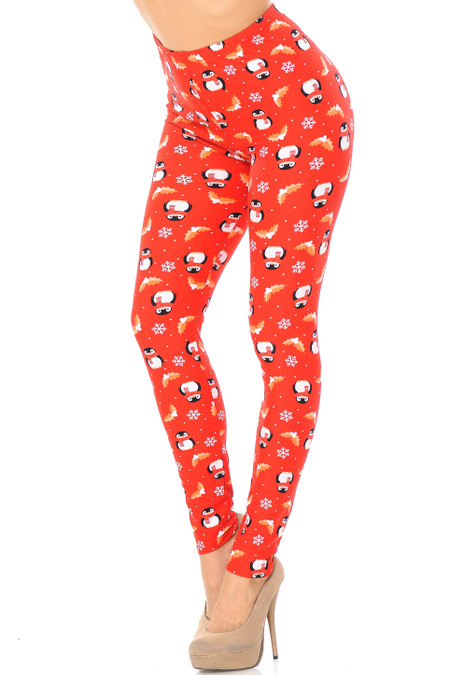 Brushed Ruby Red Penguins Mistletoe and Snowflake Extra Plus Size Leggings - 3X-5X