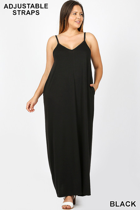 Adjustable V-Neck Rayon Plus Size Maxi Dress with Pockets - 51 Inch Length