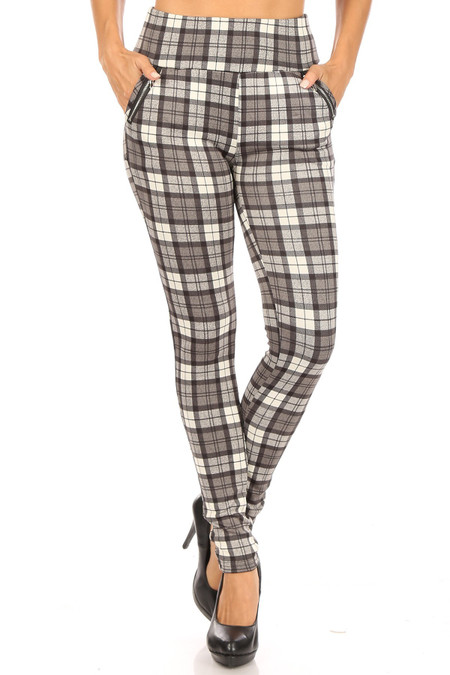 Monochrome Plaid High Waisted Treggings with Zipper Accent Pockets