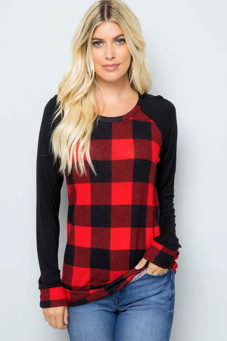 Red Buffalo Plaid Contrast Solid Long Sleeve Plus Size Top