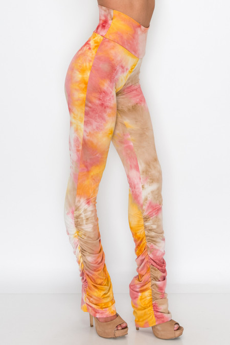 Khaki Double Brushed Tie Dye Side Ruched Stacked High Waisted Buttery Soft Leggings