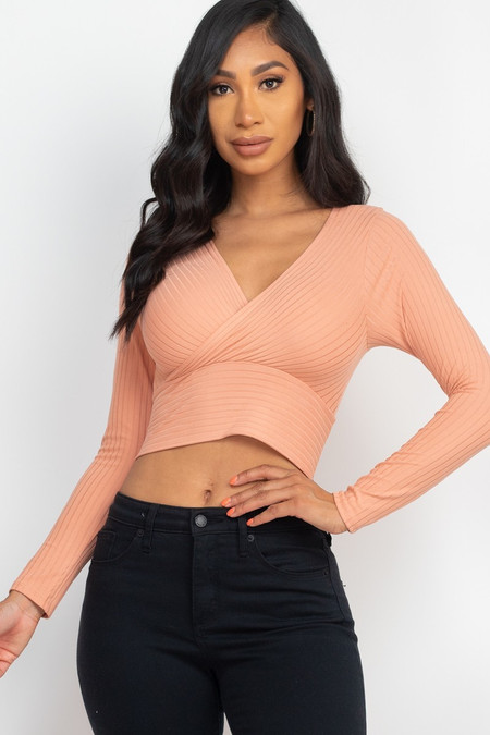 Peach Long Sleeve Ribbed Wrap Front Crop Top