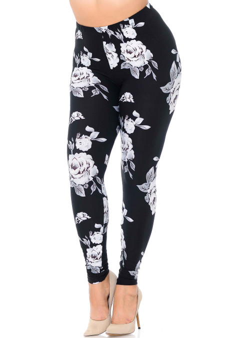 Buttery Smooth Jumbo White Rose Extra Plus Size Leggings - 3X - 5X