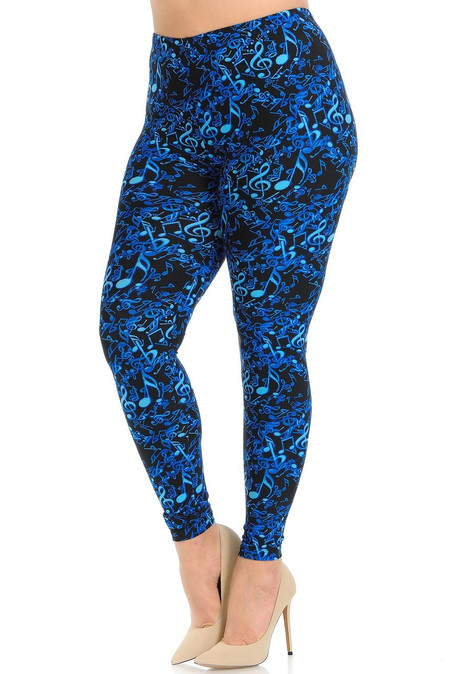 Buttery Soft Electric Blue Music Note Extra Plus Size Leggings - 3X-5X