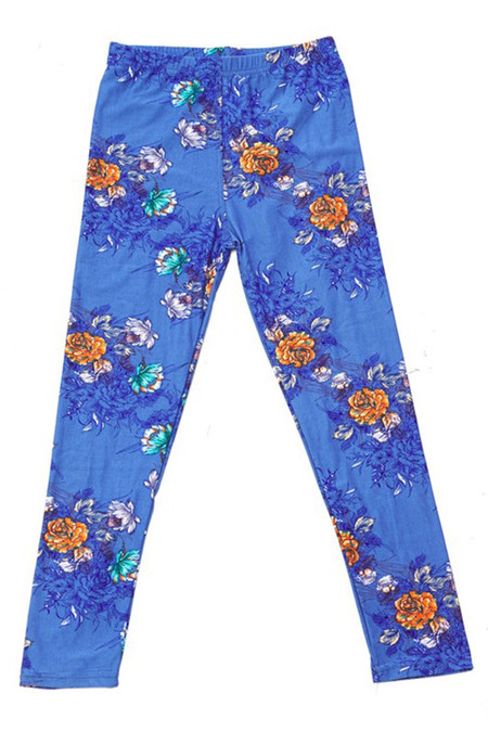 Soft Brushed Denim Blue Floral Rose Extra Plus Size Leggings - 3X