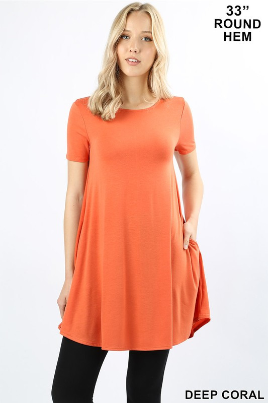 Round Neck Round Hem Short Sleeves Tunic with Pockets Round Neck Round Hem Short Sleeves Tunic with Pockets