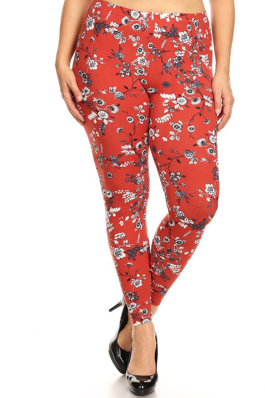 Brushed Ruby Red Spring Floral Plus Size Leggings Brushed Ruby Red Spring Floral Plus Size Leggings