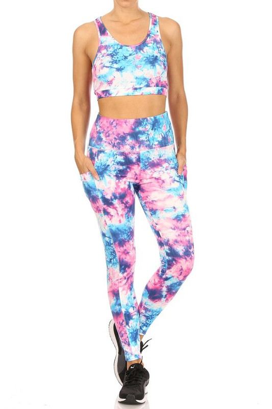 High Waisted Daffodil Tie Dye Sports Leggings and Crop Top - 2 Piece Set High Waisted Daffodil Tie Dye Sports Leggings and Crop Top - 2 Piece Set