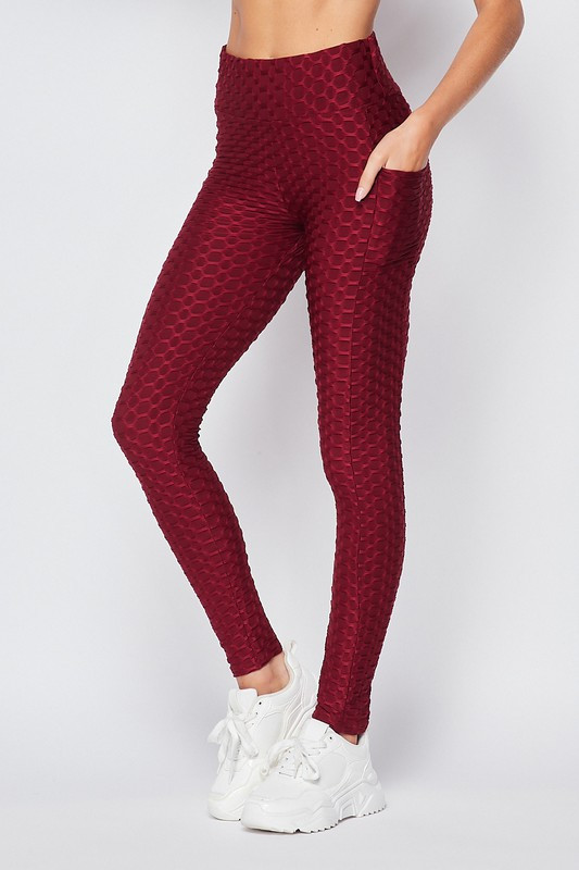 Left side of Burgundy Scrunch Butt Popcorn Textured High Waisted Leggings with Pockets - Zinati (W&J) Left side of Burgundy Scrunch Butt Popcorn Textured High Waisted Leggings with Pockets - Zinati (W&J)