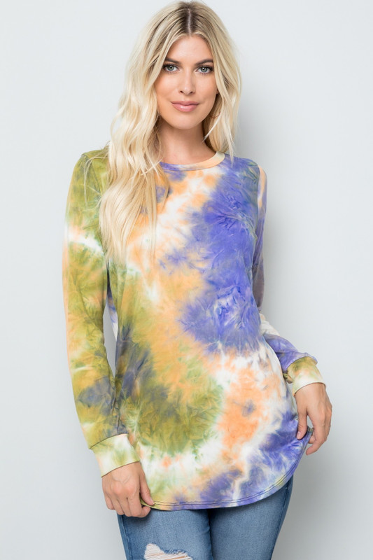 Olive Tie Dye Round Neck Long Sleeve Plus Size Top Olive Tie Dye Round Neck Long Sleeve Plus Size Top
