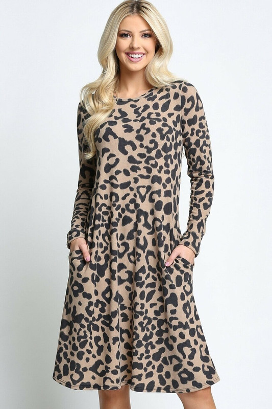 Taupe -Leopard Long Sleeve Midi Dress Taupe -Leopard Long Sleeve Midi Dress