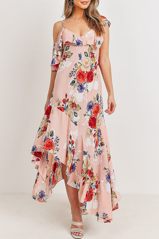 Pink Off the Shoulder Floral Print Asymmetrical Hem Maxi Dress Pink Off the Shoulder Floral Print Asymmetrical Hem Maxi Dress