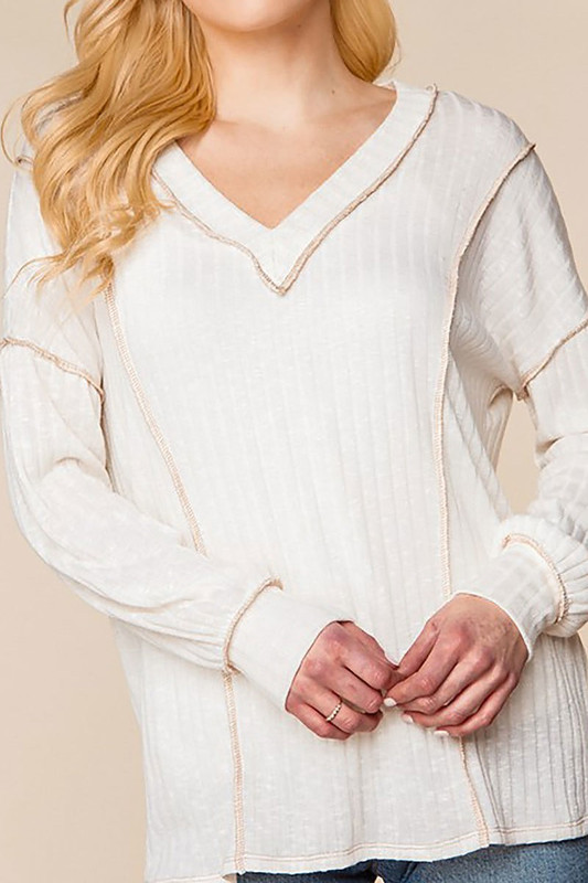 Long Sleeve Contrast Outside Seam Rib Knit V-Neck Plus Size Top Long Sleeve Contrast Outside Seam Rib Knit V-Neck Plus Size Top