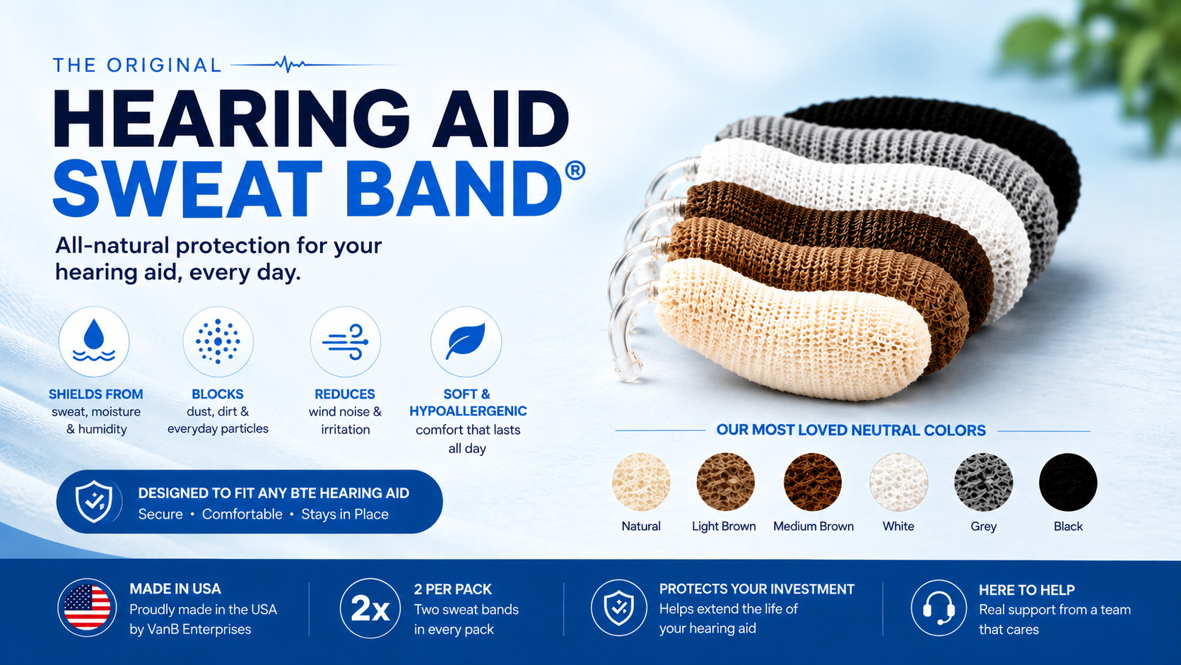Original Hearing Aid Sweat Band® shown in six natural colors