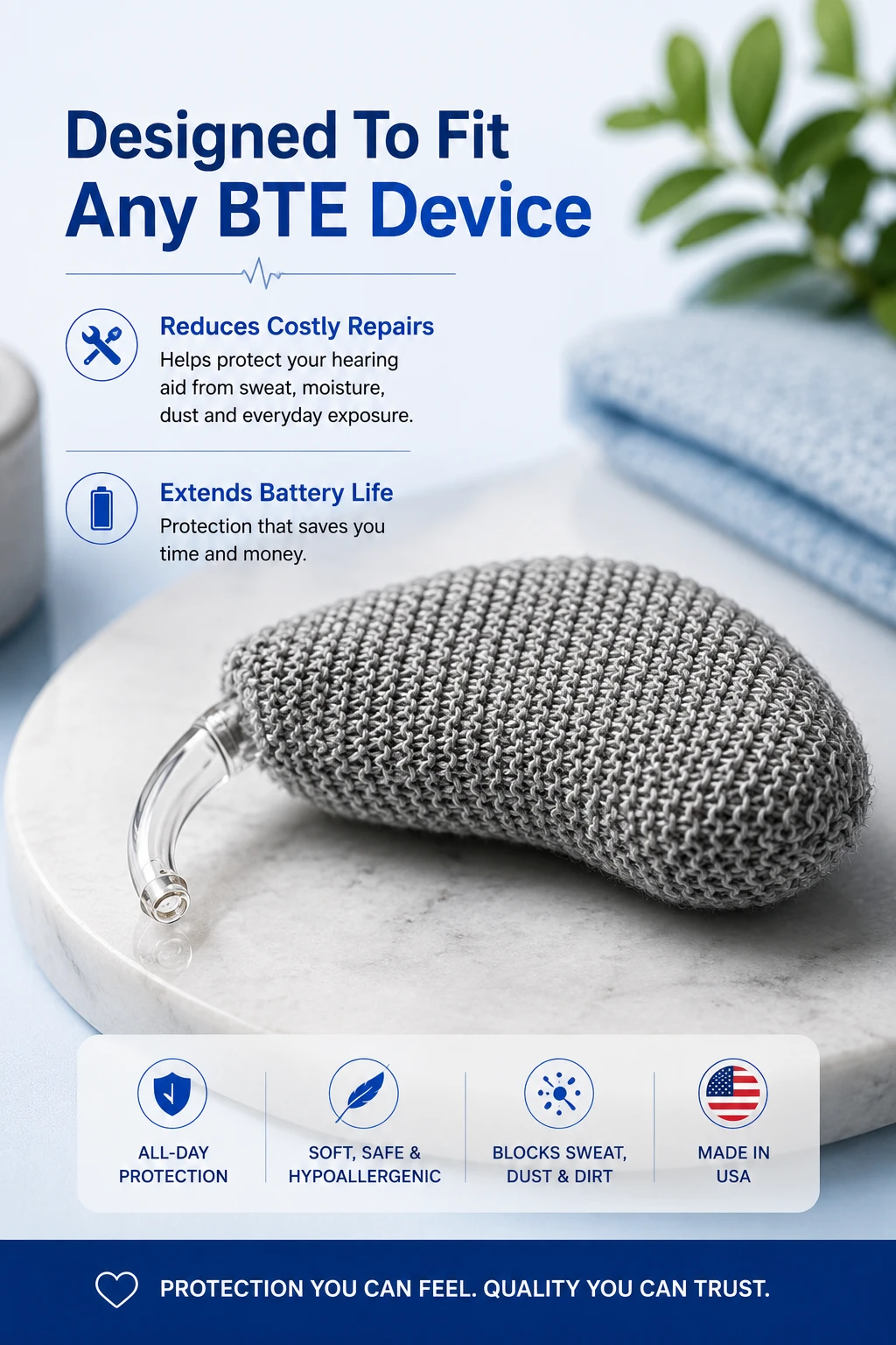 Hearing aid sweat band designed to fit any BTE device