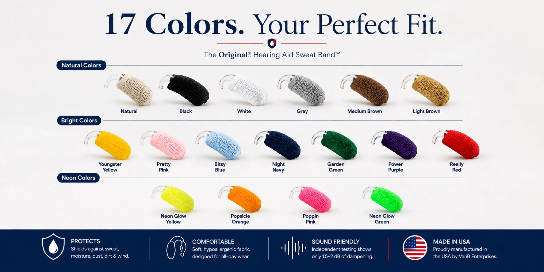 Hearing Aid Sweat Band 17 colors chart — Natural, Bright, and Neon color options