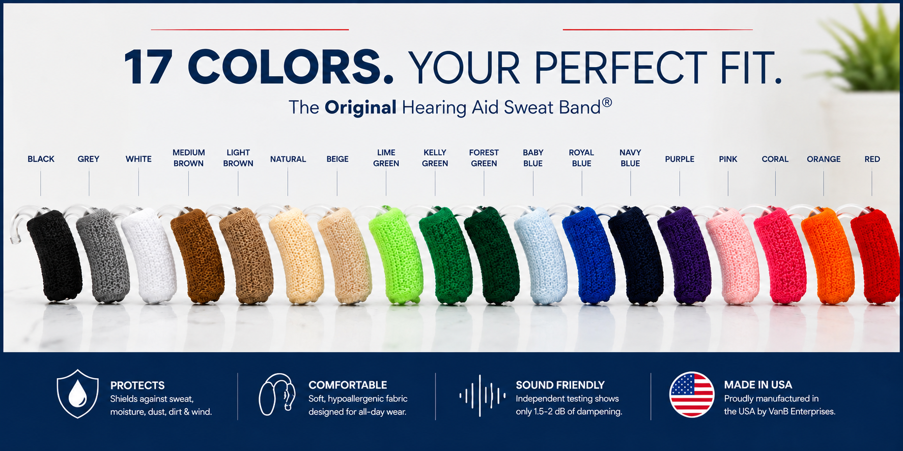 Seventeen Hearing Aid Sweat Band® colors arranged in a row