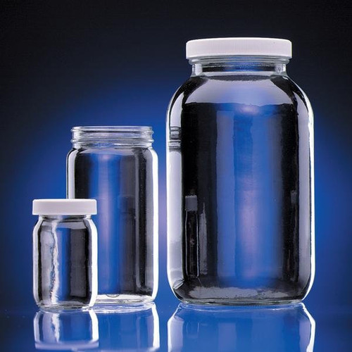 Clear Glass Standard Wide-Mouth Bottles w/Caps. Wheaton
