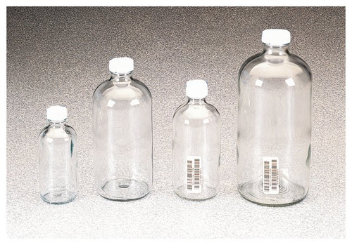 Thermo Scientific I-Chem® 229-0250 Processed 250mL Boston Round Narrow-Mouth Clear Glass Sample Bottles with PTFE-Lined White PP Closed-Top Caps