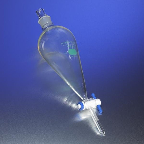 Corning 66402-500 PYREXPLUS® Coated 500mL Squibb Separatory Funnel with PTFE Stopcock and Glass Standard Taper Stopper