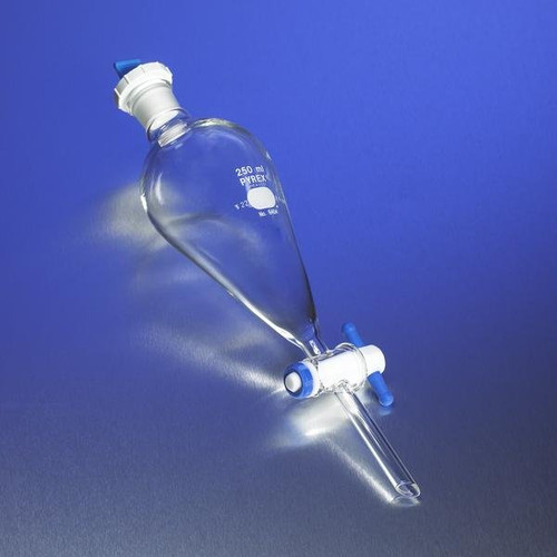 Corning 6404-1L PYREX® Pear-Shaped 1LT Squibb Separatory Funnel with PTFE Stopcock and Polyethylene Standard Taper Stopper