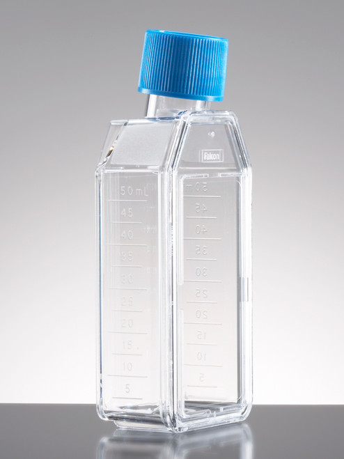 Falcon 353014 25cm² Rectangular TC-Treated Canted Neck Cell Culture Flask with Blue Plug Seal Screw Cap, 50mL