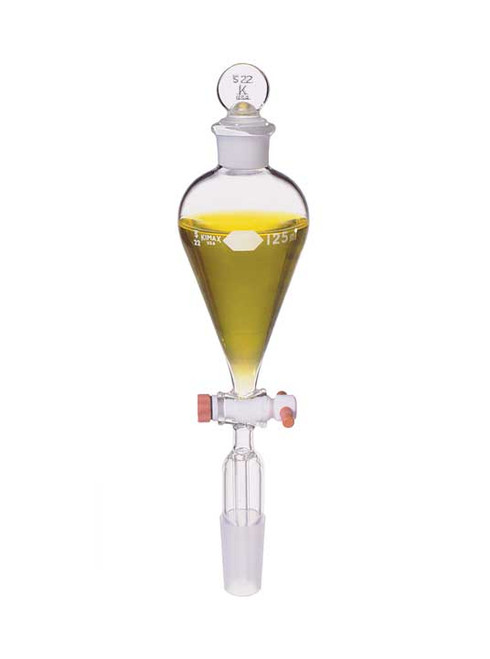 Kimble 29055F-500 KIMAX 500mL Squibb Pear-Shaped Separatory Funnels with PTFE Stopcock and Standard Taper 24/40 Joint