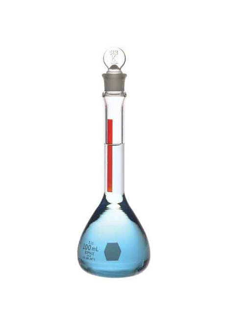 Kimble 28013-50 KIMAX 50mL Class A Volumetric Flask with Red Stripe and Glass Pennyhead Stopper