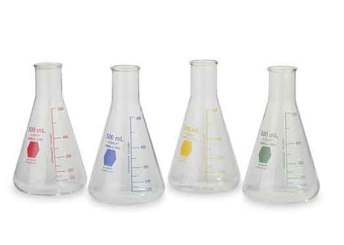 KIMAX® Narrow Mouth Erlenmeyer Flasks with Color Graduations