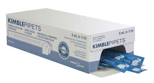 Kimble 72105-10110 KIMAX Disposable Glass 10mL x 0.1mL Serological Pipets, TD and Color-Coded. Sterile, Plugged, Individually Wrapped in Dispenser Packs