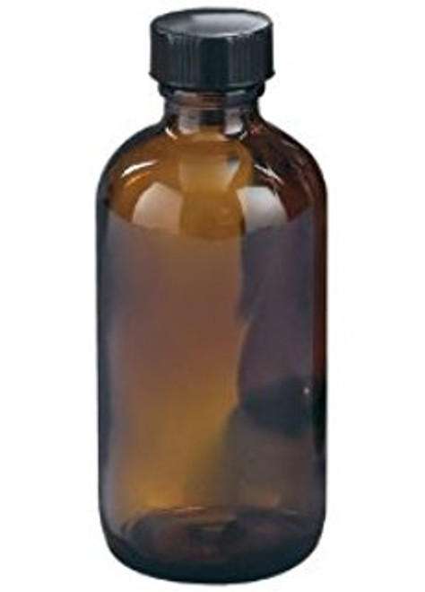 Qorpak GLC-01967 Amber 8oz (240mL) Boston Round Bottle with Black Phenolic Pulp-Vinyl Lined Cap