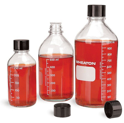 Wheaton 219755 Clear Glass Graduated 125mL Media Bottles with Rubber Lined Caps