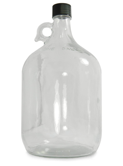 Qorpak GLC-01420 Clear Glass 64oz (1,920ml) Jug With Molded Finger Grip and 38-400 Black Phenolic Pulp/Vinyl Lined Cap