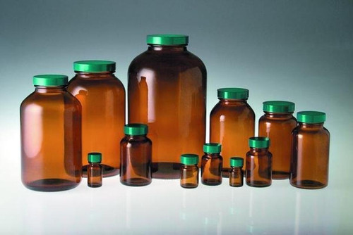 Qorpak GLC-02161 Amber Glass 32oz (950ml) Wide Mouth Packer Bottle with 53-400 Green Thermoset F217 PTFE Lined Cap