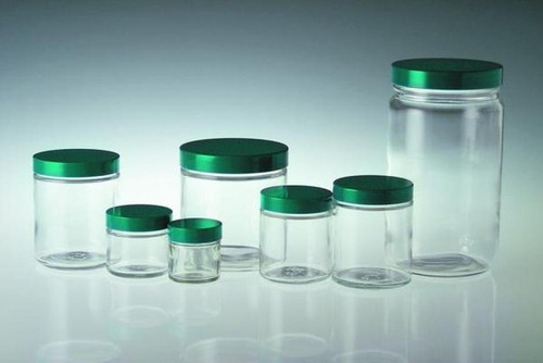 Qorpak GLC-01634 Clear Glass Round 4oz (120ml) Type III Straight Sided Jar with Green Thermoset F217 and PTFE Lined Cap