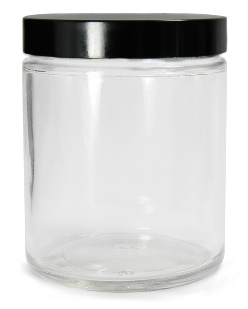 Qorpak GLC-01645 Clear Glass Straight Sided 4oz Round Jar with 43-400 Black Phenolic Pulp/Vinyl Lined Cap