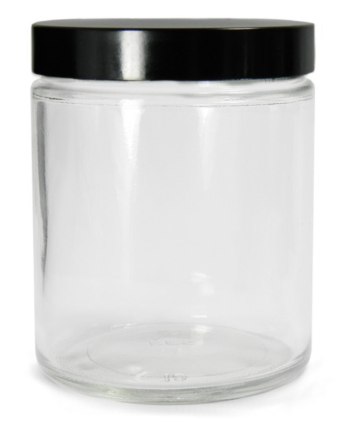 Qorpak GLC-05918 Clear Glass Straight Sided 6oz Round Jar with 43-400 Black Phenolic Pulp/Vinyl Lined Cap